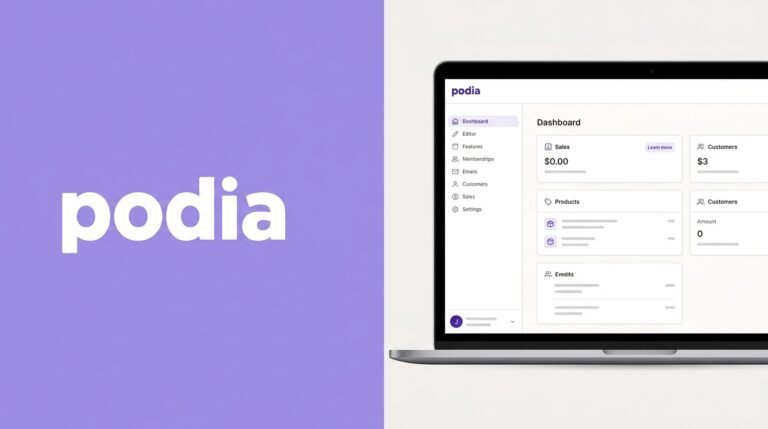 Podia dashboard and digital product storefront review 2026.