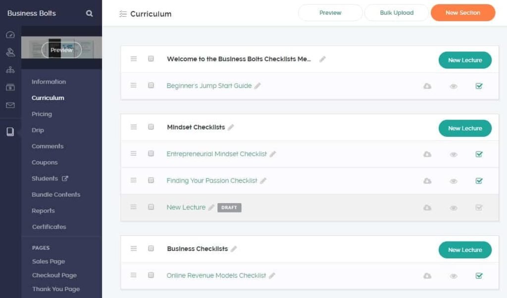 Teachable course curriculum builder and lesson management dashboard.