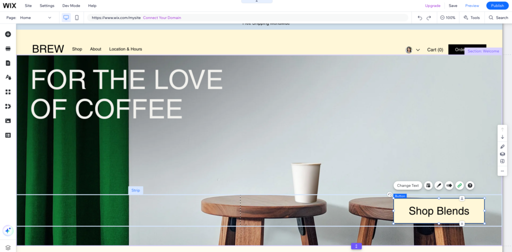 Wix drag-and-drop editor canvas interface
