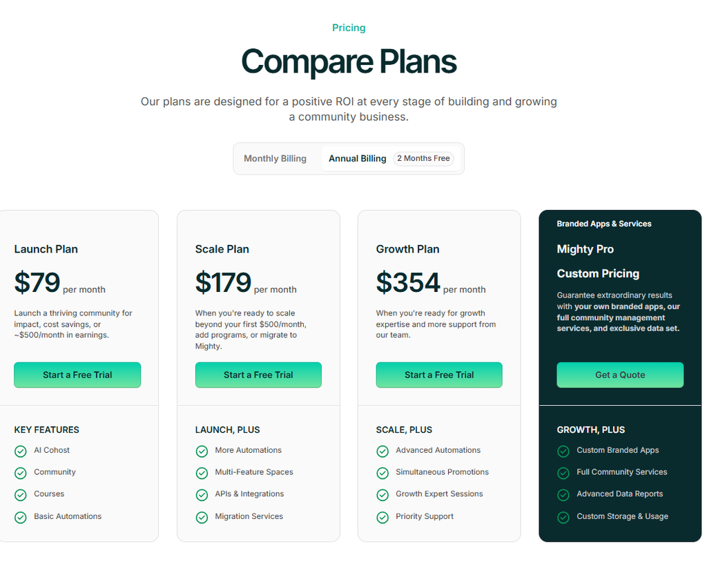 Mighty Networks pricing page showing Launch, Scale, and Growth plans
