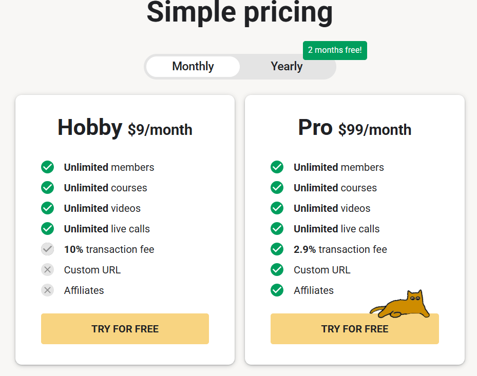 Skool pricing page showing Hobby and Pro plans