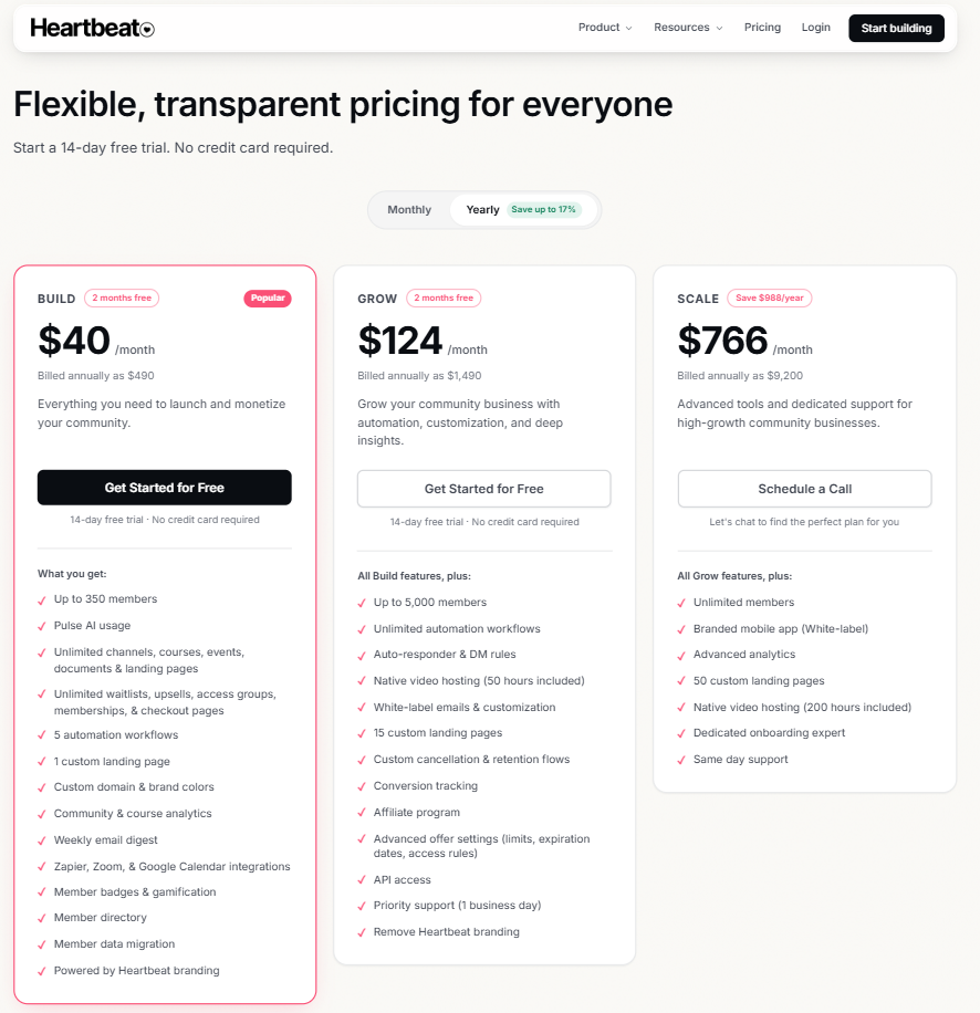 Heartbeat pricing plans