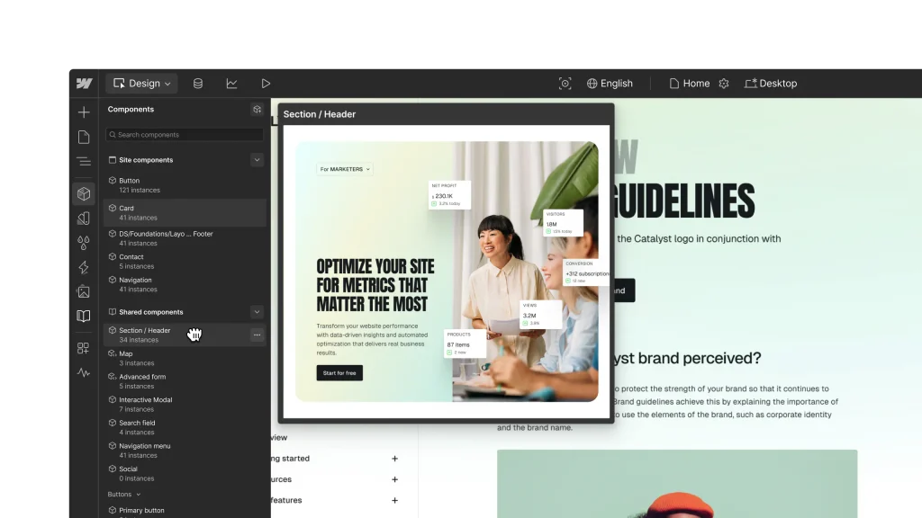 Webflow visual design canvas